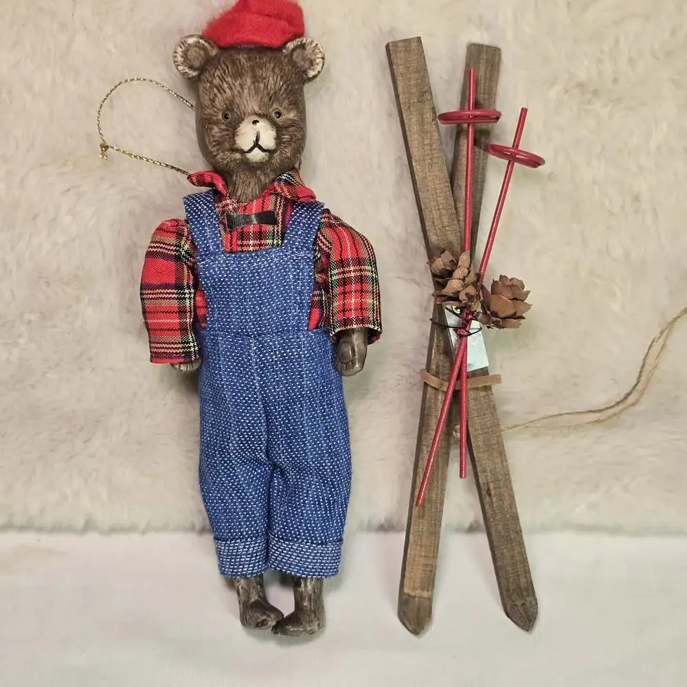 Vintage Ski Bear Ornament Plaid Flannel & Denim Overalls Wooden Skis Rustic Xmas